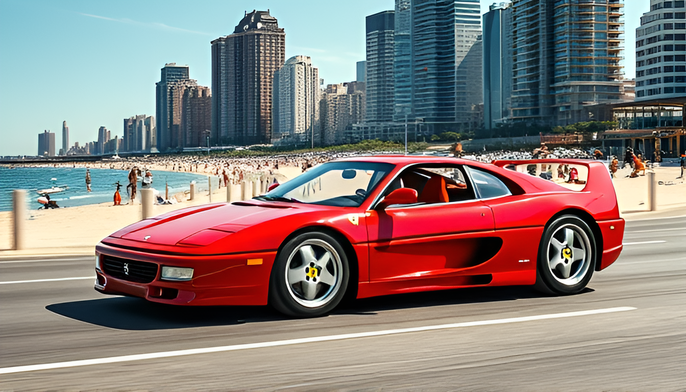 Ferrari F50 driving along New York beach